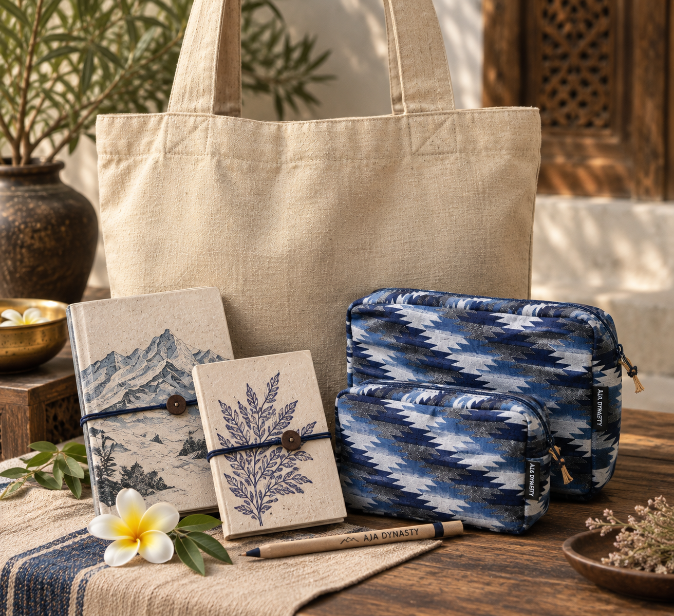 Äja Dynasty travel set with canvas tote, handmade notebooks and woven pouches